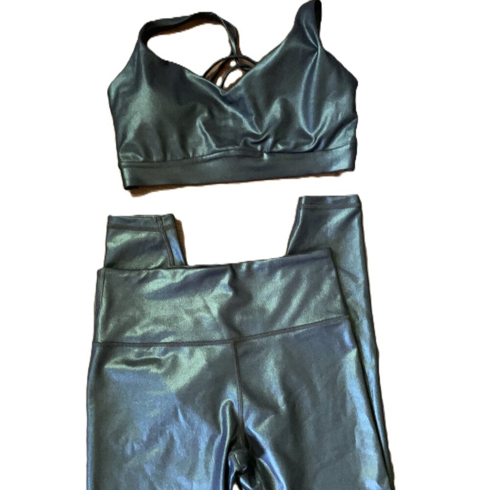 Athleta Elation Ultra High Rise 7/8 Legging and Bra set S Grey metallic shimmer